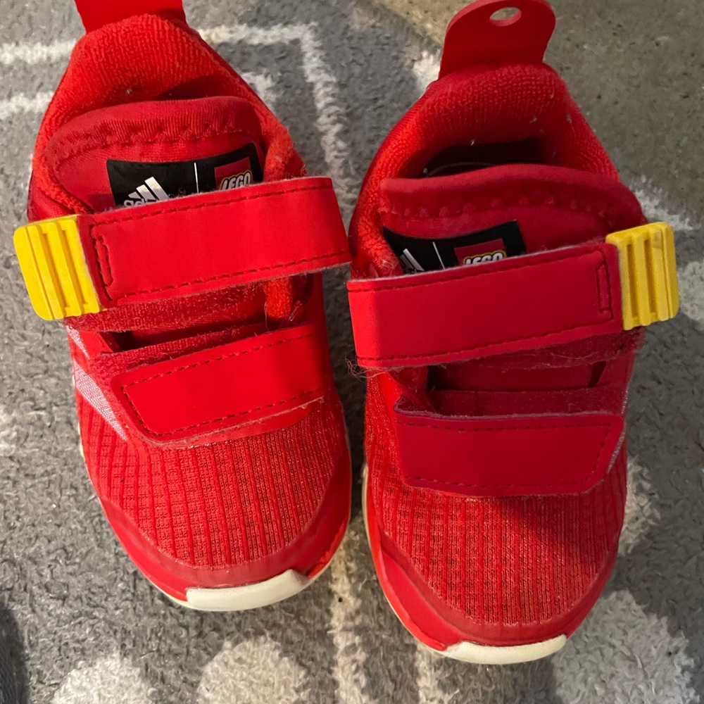 Adidas Kids Red Sneakers with Yellow Straps
